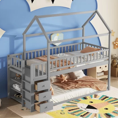 Kumix Twin over Twin Bunk Bed, Wood Bunk Bed with Shelves and Drawers for Kids Teens Adults, Heavy Duty Bunk Bed Frame with Safety Guardrail and Ladder for Bedroom, Noise-Free, Gray