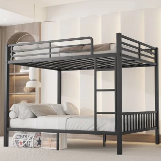 Kumix Metal Bunk Bed, Queen over Queen Bunk Bed with Build-in Ladder and Full Length Guardrail for Teens Adults, Heavy Duty Bunk Bed for Bedroom, Slats Support, Space-Saving, Black