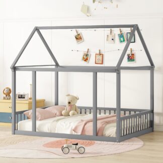 Kumix Toddler Floor Bed with House Roof Frame and Fence Guardrails, without Slats, Wood Full Floor Bed Frame for Kids Toddler, Boys & Girls, House Floor Beds Full Size, Easy Assembly, Gray