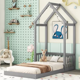 Kumix Toddler Floor Bed with House-shaped Roof Headboard, Semi-fence, without Slats, Twin Floor Bed for Toddlers 1-3, Wood Floor Bed Frame for Bedroom, No Weight Capacity Limit, Easy Assembly, Gray
