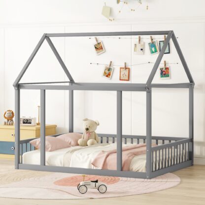 Kumix Toddler Floor Bed with House Roof Frame and Fence Guardrails, without Slats, Wood Full Floor Bed Frame for Kids Toddler, Boys & Girls, House Floor Beds Full Size, Easy Assembly, Gray