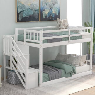 Kumix Bunk Bed Twin over Twin, Wooden Floor Bunk Bed Ladder with Storage for Kids Teens Adults, Heavy Duty Bunk Bed Frame for Bedroom, Twin Bunk Beds for 2, Noise-Free, Easy Assembly, White