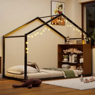 Kumix House Floor Bed with Shelves and Lights, Twin Size Metal Floor Bed Frame with Slats Support and Roof for Kids Teens Boys and Girls, Low Floor Bed for Bedroom, Noise-Free, Black