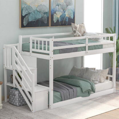 Kumix Bunk Bed Twin over Twin, Wooden Floor Bunk Bed Ladder with Storage for Kids Teens Adults, Heavy Duty Bunk Bed Frame for Bedroom, Twin Bunk Beds for 2, Noise-Free, Easy Assembly, White