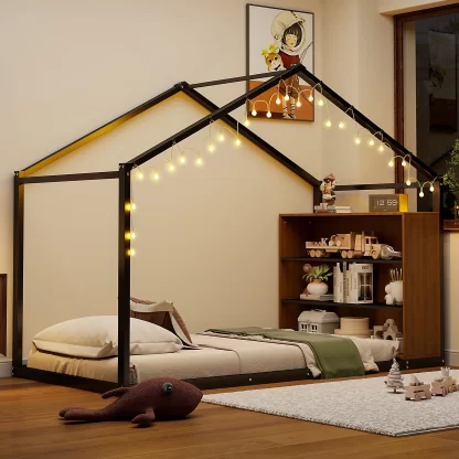 Kumix House Floor Bed with Shelves and Lights, Twin Size Metal Floor Bed Frame with Slats Support and Roof for Kids Teens Boys and Girls, Low Floor Bed for Bedroom, Noise-Free, Black