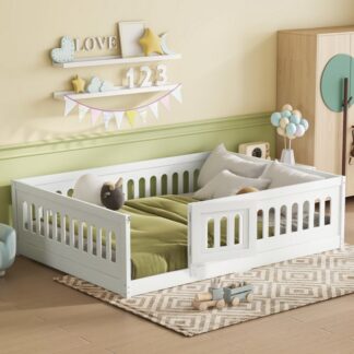 Kumix Floor Bed with Heightened Safety Guardrails and Door, Solid Wood Full Size Floor Bedframe with Rails for Girls, Boys, Teens, Child Bedroom, Kids Playroom, No Slats Included, White