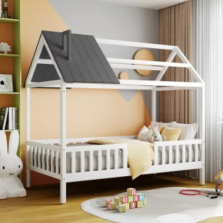 Kumix House Platform Bed with Fence and Roof Frame, Twin Size Wood Platform Bed with Under Bed Space for Kids Teens Boys & Girls, Heavy Duty House Bed for Bedroom, Noise-Free, White+Gray