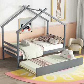 Kumix House-shaped Floor Bed with Trundle, Roof Frame, Slats Support, Wooden Twin Floor Bed for Kids Teens Boys/Girls, House Bed Frame for Bedroom, Twin Beds for 2, No Box Spring Needed, Gray