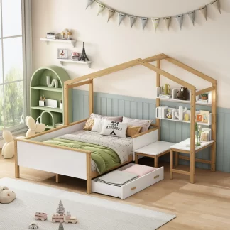 Kumix Platform Bed with Drawer, Desk, Chair and Bookshelves for Kids Teens Boys & Girls, Wooden Full Size Platform Bed Frame for Children or Guest Room, No Box Spring Needed, Natural+White