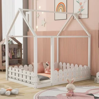 Kumix Floor Bed with Fence Guardrail and Roof, Wood Full Size Floor Bed without Slats for Boys and Girls, Kids Floor Beds for Bedroom, No Box Spring Needed, Noise-Free, Easy Assembly, White