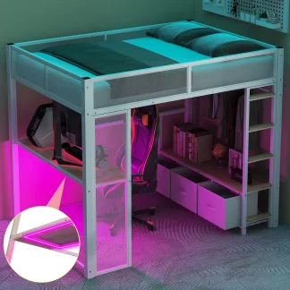 Kumix Loft Bed with LED, Desk, Open Wardrobe and 3 Linen Storage Drawers, Metal Gaming Loft Bed Full Size with Guardrail and Ladder for Kids Teens Adults, No Box Spring Needed, White