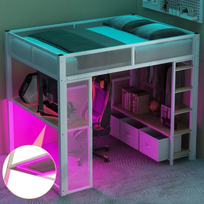 Kumix Loft Bed with LED, Desk, Open Wardrobe and 3 Linen Storage Drawers, Metal Gaming Loft Bed Full Size with Guardrail and Ladder for Kids Teens Adults, No Box Spring Needed, White