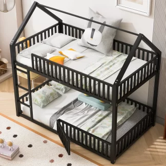 Kumix Bunk Bed Twin over Twin, Metal House Bunk Bed with Fence and Door, Roof Frame for Kids Teens Adults, Noise-Free Bunk Bed Frame for Bedroom, Dorm, No Box Spring Needed, Black