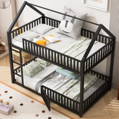 Kumix Bunk Bed Twin over Twin, Metal House Bunk Bed with Fence and Door, Roof Frame for Kids Teens Adults, Noise-Free Bunk Bed Frame for Bedroom, Dorm, No Box Spring Needed, Black