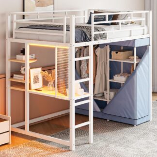 Kumix Loft Bed Twin Size, Metal Loft Bed with Desk, Shelves, Power Outlet, LED Light and Wardrobe for Kids Teens Adults, Heavy Duty Loft Bed Frame with Guardrail and Ladder, Noise-Free, White