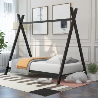 Kumix Tent Floor Bed with Slats Support, Twin Size Metal Floor Play House Bed for Kids Girls and Boys, Toddler Floor Beds for Bedroom, Dorm, No Box Spring Needed, Easy Assembly, Black