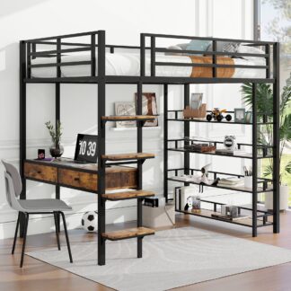 Kumix Loft Bed Full Size with Desk, Drawers and Shelves, Metal Loft Bed with Full Length Guardrail and Ladder for Kids Teens Adults, Heavy Duty Loft Bed Frame for Bedroom, Noise-Free, Black