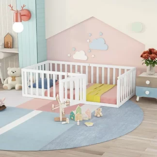 Kumix Twin Floor Bed for Kids with Fence and Door, Wood Floor Bed Frame for Toddler 1-3 Aged, Noise-Free Low Floor Bed for Bedroom, Dorm, No Weight Capacity Limit, Easy Assembly, White