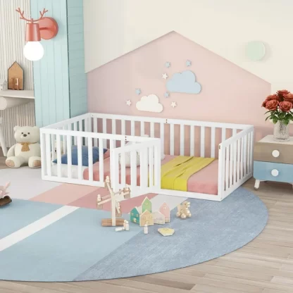 Kumix Twin Floor Bed for Kids with Fence and Door, Wood Floor Bed Frame for Toddler 1-3 Aged, Noise-Free Low Floor Bed for Bedroom, Dorm, No Weight Capacity Limit, Easy Assembly, White