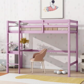Kumix Loft Bed Twin Size with Desk, Wood Loft Bed with Full Length Guardrail and Build-in Ladder for Kids Teens Adults, Heavy Duty Loft Bed for Bedroom, Dorm, Noise-Free, Space-Saving, Pink