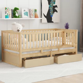 Kumix Wood Daybed with Fence Guardrails and 2 Drawers, Twin Size Bed Can Split into Independent Floor Bed & Daybed Slats Support for Kids Teens Adults, No Box Spring Needed, Easy Assembly, Natural