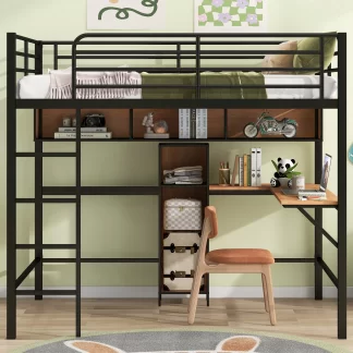 Kumix Loft Bed Full Size, Metal & Wood Loft Bed with L-shaped Desk and Shelves for Kids Teens Adults, Full Loft Bed with Full Length Guardrail and Ladder for Bedroom, Noise-Free, Black and Brown