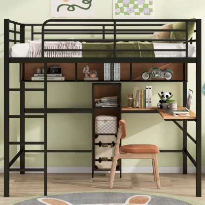 Kumix Loft Bed Full Size, Metal & Wood Loft Bed with L-shaped Desk and Shelves for Kids Teens Adults, Full Loft Bed with Full Length Guardrail and Ladder for Bedroom, Noise-Free, Black and Brown