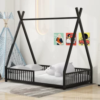 Kumix Floor Bed with Triangle Structure and Fence Guardrail, Twin Size House Platform Bed, Metal Tent Floor Bed for Kids Boys/Girls, Heavy Duty Floor Bed for Bedroom, Easy Assembly, Black