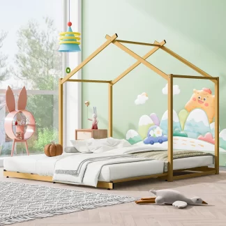Kumix House Platform Bed with Trundle, Slats Support, Metal Twin Size Floor Bed for Kids Toddlers, Boys & Girls, House Bed for 2, Heavy Duty Floor Beds for Bedroom, No Box Spring Needed, Gold