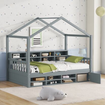 Kumix House Bed with Roof Frame, Shelves and a Mini-cabinet, Twin Size Wooden Platform Bed for Kids Teens Boys Girls, Heavy Duty House Bed for Bedroom, No Box Spring Needed, Easy Assembly, Gray