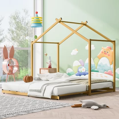 Kumix House Platform Bed with Trundle, Slats Support, Metal Twin Size Floor Bed for Kids Toddlers, Boys & Girls, House Bed for 2, Heavy Duty Floor Beds for Bedroom, No Box Spring Needed, Gold