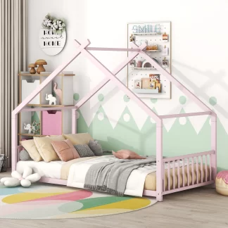 Kumix House Floor Bed, Metal Twin Size Floor Bed with Roof Frame, Headboard, Footboard and 13 Slats Support for Kids Young Teens, Heavy Duty Floor Beds Frame for Bedroom, Noise-Free, Pink