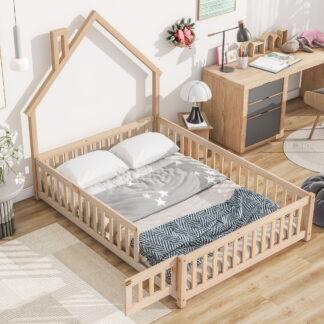Kumix Floor Bed with Fence and Door House-Shaped Headboard, Full Size Solid Wood Floor Bed for Kids Boys Girls, Heavy Duty Toddler Floor Bed for Bedroom, No Weight Capacity Limit, Natural