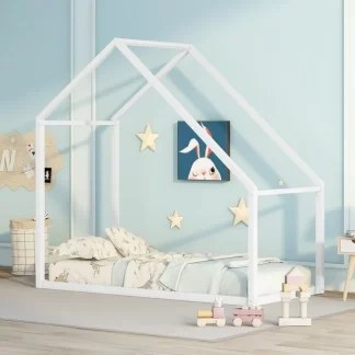 Kumix Floor Bed with Roof, Metal Twin Size House Floor Bed without Slat for Kids Teens Adults, Heavy Duty Floor Bed Frame for Bedroom, Dorm, House Bed No Weight Capacity Limit, White