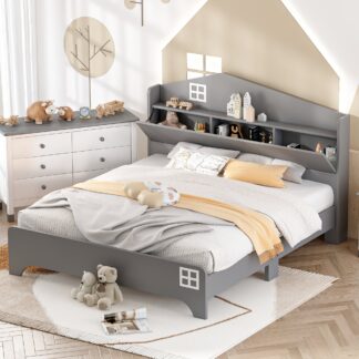 Kumix House Floor Bed with Storage Headboard Storage Shelf, Wooden Full Size Kids Floor Bed with Slats Support for Young Teens, Boys and Girls, No Box Spring Needed, Noise-Free, Gray