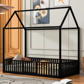 Kumix House Floor Bed with Fence Guardrail and Door, Metal Twin Size Floor Bed without Slat for Kids Teens Boys/Girls, Heavy Duty Floor Bed Frame for Bedroom, Noise-Free, Easy Assembly, Black
