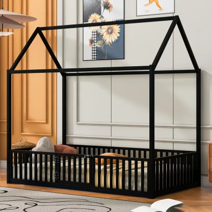 Kumix House Floor Bed with Fence Guardrail and Door, Metal Twin Size Floor Bed without Slat for Kids Teens Boys/Girls, Heavy Duty Floor Bed Frame for Bedroom, Noise-Free, Easy Assembly, Black