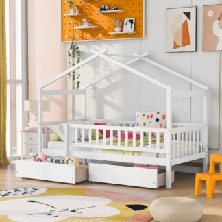 Kumix Wooden House Bed with a Roof Frame and Two Drawers, Twin Size Platform Bed with Slats Support and Fence Guardrail for Kids Teens Boys/Girls, No Box Spring Needed, Noise-Free, White