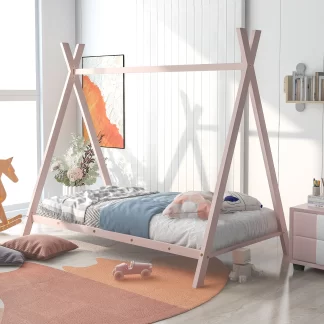Kumix Tent Floor Bed with Slats Support, Twin Size Metal Floor Play House Bed for Kids Girls and Boys, Toddler Floor Beds for Bedroom, Dorm, No Box Spring Needed, Easy Assembly, Pink