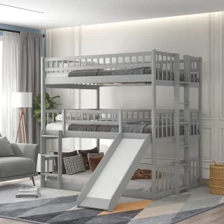 Kumix Triple Bunk Bed with Slide, Bunk Bed Full over Full and Full Size with Guardrail and 2 Build-in Ladders for Kids Teens Adults, 3 in 1 Bunk Beds, Wood Bunk Bed Frame for Bedroom, Gray