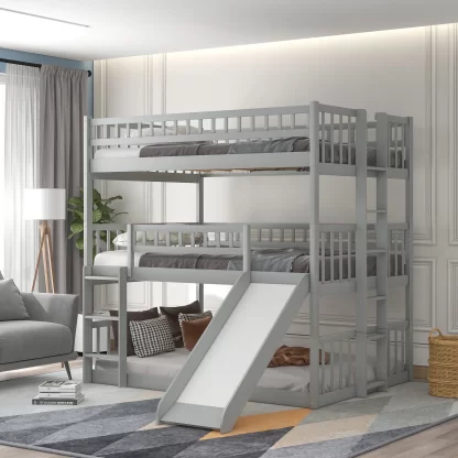 Kumix Triple Bunk Bed with Slide, Bunk Bed Full over Full and Full Size with Guardrail and 2 Build-in Ladders for Kids Teens Adults, 3 in 1 Bunk Beds, Wood Bunk Bed Frame for Bedroom, Gray