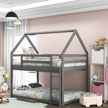 Kumix Bunk Bed Twin over Twin, Wooden House Bunk Bed with Full-Length Guardrail and Build-in Ladder for Kids Teens Adults, Low Bunk Bed for Bedroom, Dorm, Noise-Free, Easy Assembly, Gray