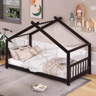 Kumix House Floor Bed with Roof Frame and Slats Support, Twin Kids Floor Bed with Headboard and Footboard for Boys and Girls, Heavy Duty Floor Bed Frame for Bedroom, Dorm, Noise-Free, Espresso
