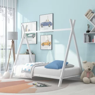 Kumix Tent Floor Bed with Slats Support, Twin Size Metal Floor Play House Bed for Kids Girls and Boys, Toddler Floor Beds for Bedroom, Dorm, No Box Spring Needed, Easy Assembly, White