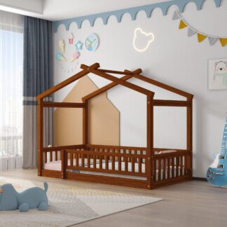 Kumix Floor Bed with Roof, Fence Guardrail, Wooden Twin Size House Bed with Slats Support for Kids Teens, Girls, Boys, Toddler Floor Bed for Bedroom, No Box Spring Needed, Easy Assembly, Walnut