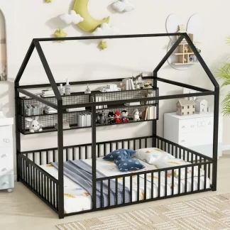 Kumix Full Floor Bed with Fence and Shelves, Metal House Bed Frame with Roof for Kids Boys & Girls, Toddler Floor Beds Full Size, No Weight Capacity Limit, Noise-Free, Easy Assembly, Black