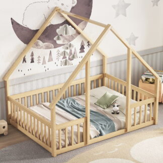 Kumix House-Shaped Floor Bed with Fence Guardrails and Roof, Full Size Floor Bed Frame for Kids Boys & Girls, Wooden Playhouse Bed Frame, Twin Toddler Floor Bed Montessori House Bed Frame, Natural