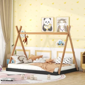 Kumix Tent Floor Bed Full Size with Triangle Structure, Solid Wood Floor Bed Frame with X-Shaped Railings for Kids Boys & Girls, Toddler Floor Bed for Bedroom, Easy Assembly, Black+Brown