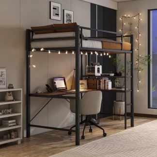 Kumix Loft Bed Twin Size, Metal Loft Bed with L-Shaped Desk and Shelves, Charging Station, LED Lights, Safety Guard & Ladder for Kids Teens Adults, Space-Saving, No Noise, No Box Spring Needed, Black