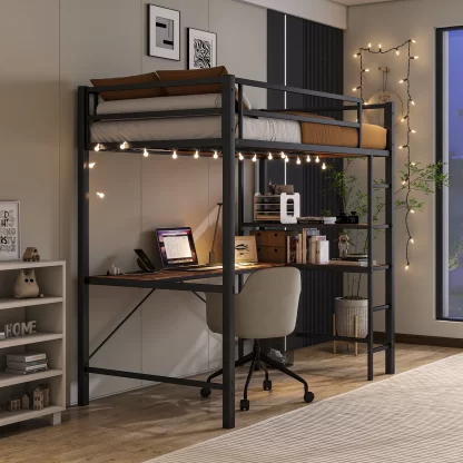 Kumix Loft Bed Twin Size, Metal Loft Bed with L-Shaped Desk and Shelves, Charging Station, LED Lights, Safety Guard & Ladder for Kids Teens Adults, Space-Saving, No Noise, No Box Spring Needed, Black